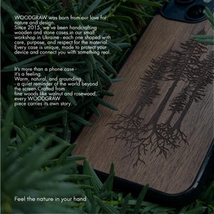 May include: A wooden phone case with a dark brown finish, featuring an engraved design of several trees. The case is surrounded by green foliage. The text on the case reads "WOODGRAW" and "Feel the nature in your hand."