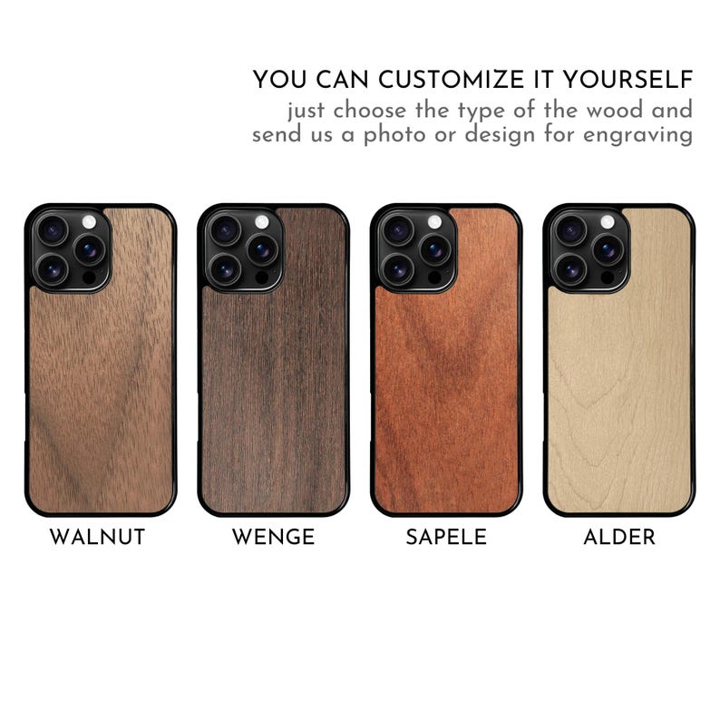 May include: Four wooden phone cases in walnut, wenge, sapele, and alder. The cases have black borders and are shown with the camera lens visible. Text above reads, "YOU CAN CUSTOMIZE IT YOURSELF..." and the wood types are labeled below.