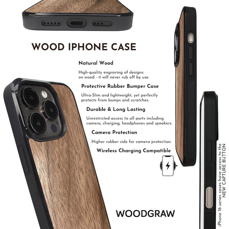 May include: A wooden iPhone case with a natural wood grain finish. The case has a black bumper and features the text "WOOD IPHONE CASE" and "WOODGRAW". The case is designed for camera protection and wireless charging.