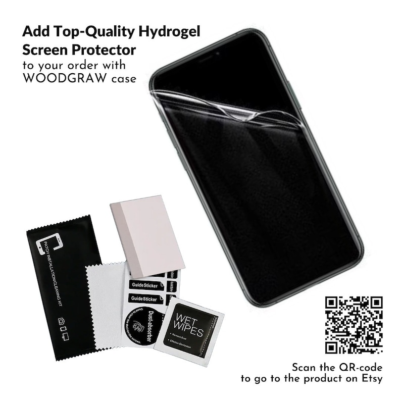 May include: A black smartphone with a hydrogel screen protector applied, alongside a cleaning kit, guide stickers, and a wet wipe. Text reads "Add Top-Quality Hydrogel Screen Protector to your order with WOODGRAW case."