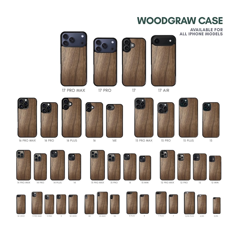 May include: A collection of wooden phone cases, each with a dark wood grain finish. The cases are designed for various iPhone models, with the text "WOODGRAW CASE" and "AVAILABLE FOR ALL IPHONE MODELS" displayed at the top.
