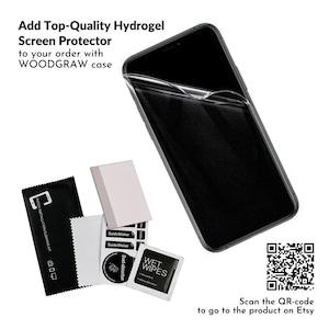 May include: A black smartphone with a hydrogel screen protector applied, alongside a cleaning kit, guide stickers, and a wet wipe. Text reads "Add Top-Quality Hydrogel Screen Protector to your order with WOODGRAW case."