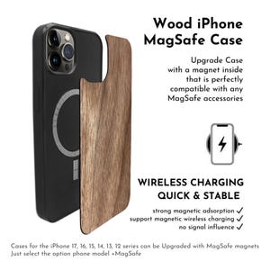 May include: A black iPhone case with a wood grain panel, showcasing a MagSafe design. The case is shown with a separate wood panel, and the text highlights wireless charging capabilities and compatibility with MagSafe accessories.