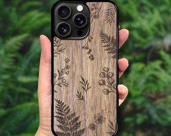 Funda de madera MagSafe para iPhone 17 Air, 16 Pro Max, 15 (todos los modelos) - Helecho Botánico