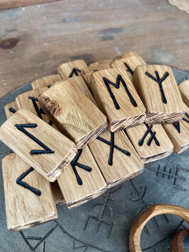 Beautiful English Burr Oak Hardwood Hand Burnt Wooden Elder Futhark Rune Tiles *Free UK Delivery* image 6