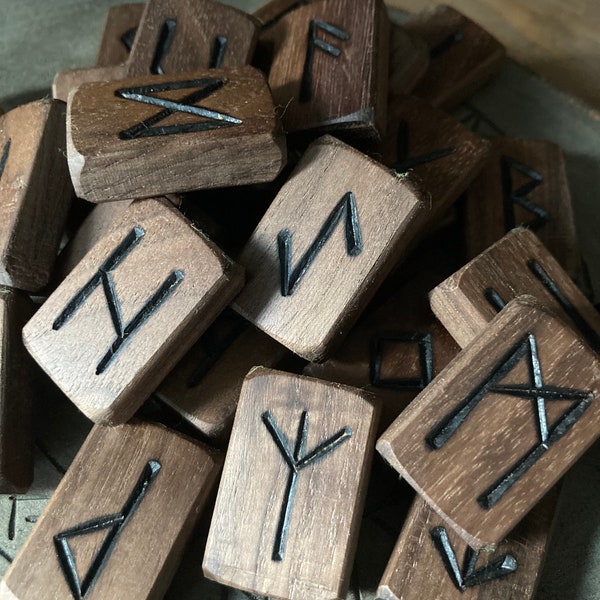 Black Walnut Hand Burnt Wooden Elder Futhark Rune Tiles