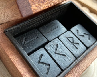 Bog Oak Hardwood Hand Burnt Wooden Elder Futhark Rune Tiles - Rare 4,500-5,000 Year Old UK Bog Oak in Hardwood Box *Free UK Delivery*