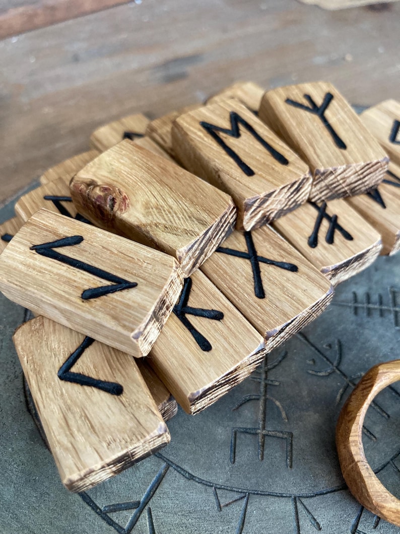 Beautiful English Burr Oak Hardwood Hand Burnt Wooden Elder Futhark Rune Tiles *Free UK Delivery* image 7