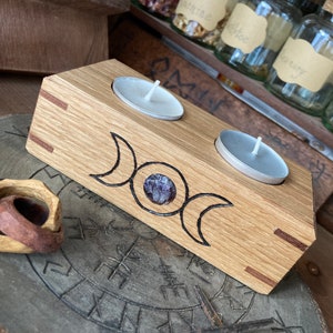 Triple Moon Goddess Oak & Amethyst Crystal Candle Holder *free UK delivery*