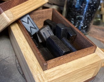 Bog Oak Hardwood Hand Burnt Mini Rune Tiles - Rare 4,500-5,000 Yr Old UK Bog Oak in Beautiful Handmade Oak Box *Free UK Delivery*