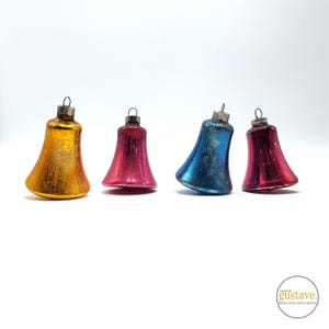 Four vintage multicolored glass bells | Christmas tree ornaments for the holidays