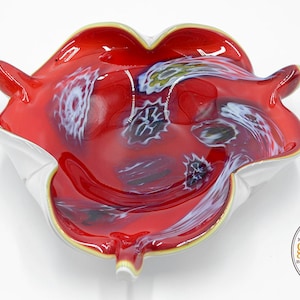 Vintage blown glass dish with Byzantine tutti frutti motif attributable to AVeM | Italy Murano glass red
