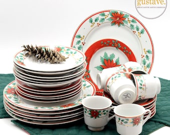 Royal Heritage Christmas poinsettia dinnerware set for 4 (20 pcs) to 16 (80 pcs) | Festive tableware for entertaining
