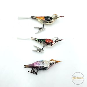 Three clip-on glass birds | Collectible vintage Christmas tree ornaments for the holidays