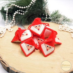 Vintage Christmas Ornaments Plastic canvas | Minimalist Santa head in red, white and peach wool | Like new