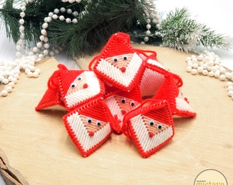 Vintage Christmas Ornaments Plastic canvas | Minimalist Santa head in red, white and peach wool | Like new