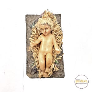 Antique wax baby Jesus on a straw bed for a nativity scene | Handmade