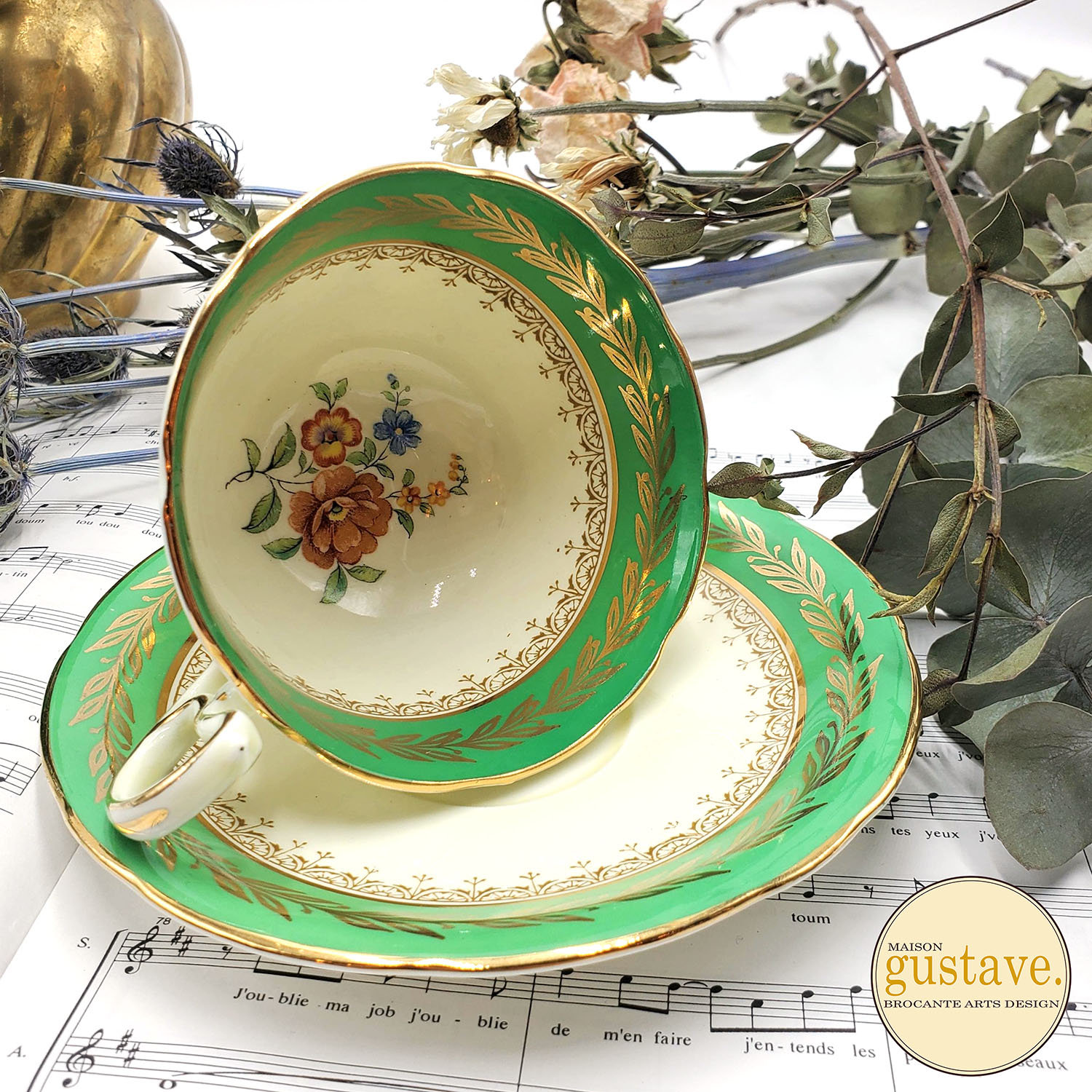 Aynsley Cup and Saucer, England, Green and Gold Bone China, Floral