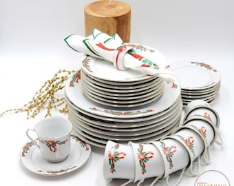 Poinsettia Ribbons Christmas Dinnerware Set for 4 (24 pcs) | Holiday Tableware for Entertaining