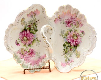 FREE SHIPPING Canada & Usa - Large ornate porcelain serving tray, Italy - Vintage mid century double dish with handle