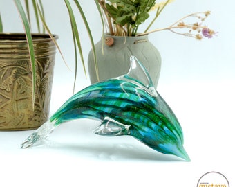 Turquoise blue blown glass dolphin | Glass Animal Paperweight | Gift idea