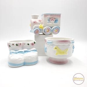 Vintage ceramic planters for a child's room in pastel colors | Animal carousel, slippers and train
