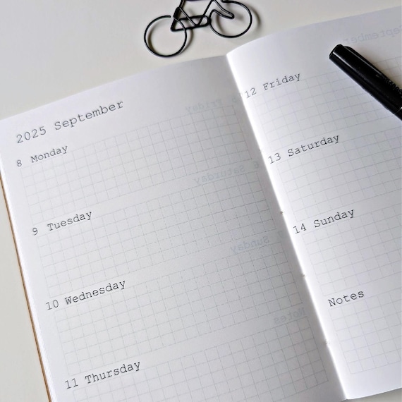 DATED Week on Two Pages Jul 2025 - Dec 2025 or Jul 2025 - Jun 2026, Traveler's Notebook, Weekly Calendar Insert, Midori Calendar - WO2P D002