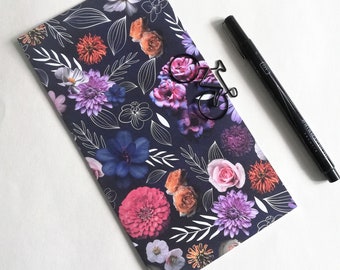 Travelers Notebook Insert, Dark Floral, Hand-Stitched in various sizes Regular Standard A5 Wide B6 Slim Personal and more - N710