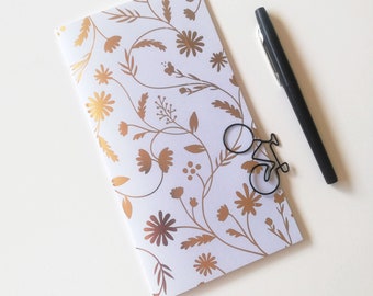 Travelers Notebook Insert, Gold Foil Floral Spring, Midori Refill, TN Accessory - Sizes include Standard, B6, Pocket, and more - N731
