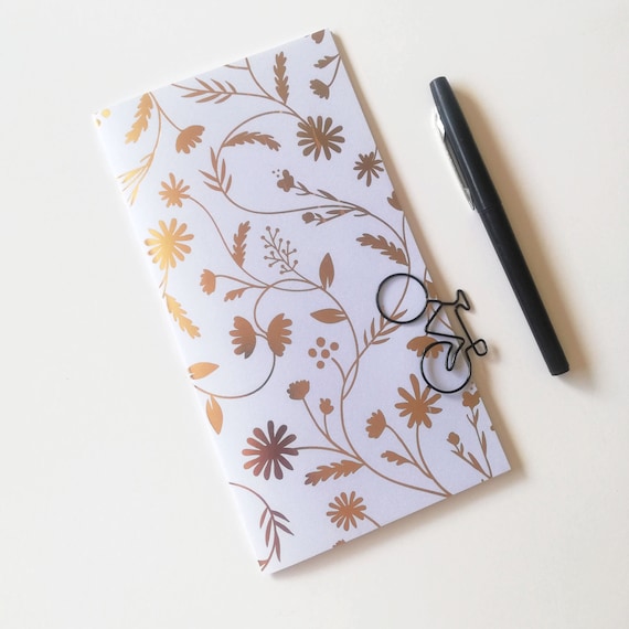 Travelers Notebook Insert, Gold Foil Floral Spring, Midori Refill, TN Accessory - Sizes include Standard, B6, Pocket, and more - N731