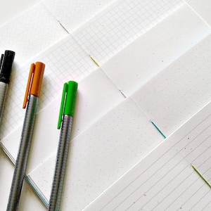 May include: A collection of notebooks with white pages featuring various grid, dot, and lined patterns, bound with colorful thread stitching. Three pens with black, orange, and green caps are positioned alongside the notebooks.