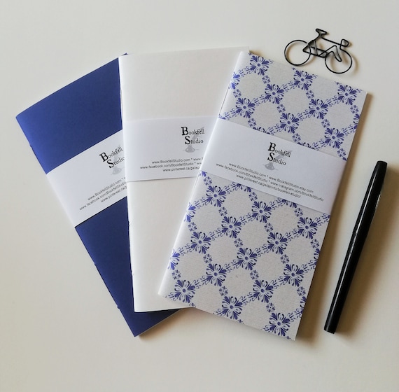 3 x Traveler's Notebook Inserts, Blue and White, 3 pack bundle, choice of inner pages, use in your Midori or Fauxdori - Tri611A