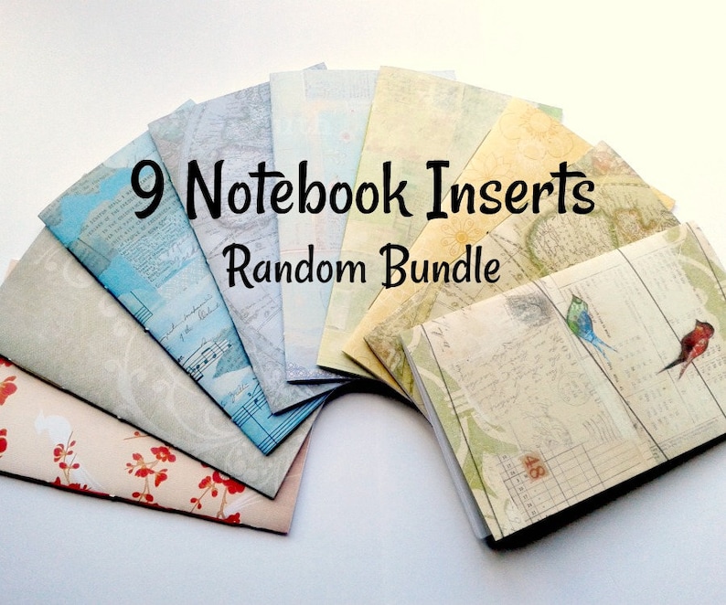 May include: A bundle of nine notebook inserts arranged in a fan shape, featuring various printed designs including maps, musical notes, floral patterns, and birds. The text 9 Notebook Inserts Random Bundle is printed in black across the center of the collection.