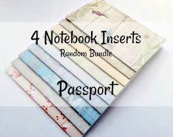 May include: A stack of four passport-sized notebook inserts with various patterned covers, including floral, musical, and bird motifs. The text 4 Notebook Inserts Random Bundle Passport is printed in black over the top of the stacked paper booklets.