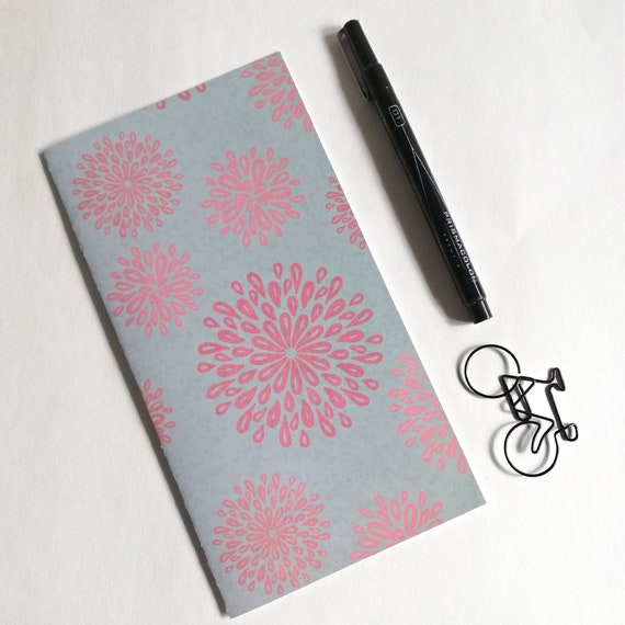 Traveler's Notebook Insert, Blue with Pink Flowers, Journal - sizes include Regular Standard A5 B6 Personal A6 Pocket Passport Micro - N685
