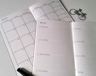 WEEKLY / MONTHLY on 2 Pages - Half Year - Traveler's Notebook, Horizontal Weekly and Monthly Calendar Insert - Midori Insert - C010