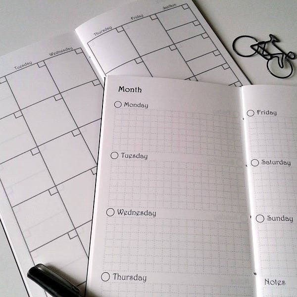 Interleaved MONTHLY / WEEKLY on 2 Pages - Half Year or 3 Month Versions - Travelers Notebook Weekly Monthly Calendar Insert - Midori - C010B