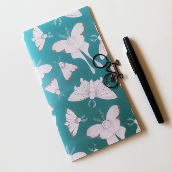 Blue Travelers Notebook Insert, White Moths Butterflies, Midori Refill, Tn Accessory various sizes incl Standard / Regular, Passport - N743
