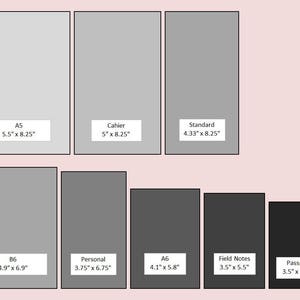 May include: A diagram showing the sizes of various notebooks and journals. The image includes labels for A5 (5.5" x 8.25"), Cahier (5" x 8.25"), Standard (4.33" x 8.25"), B6 (4.9" x 6.9"), Personal (3.75" x 6.75"), A6 (4.1" x 5.8"), Field Notes (3.5" x 5.5"), and Passport (3.5" x 4.88").