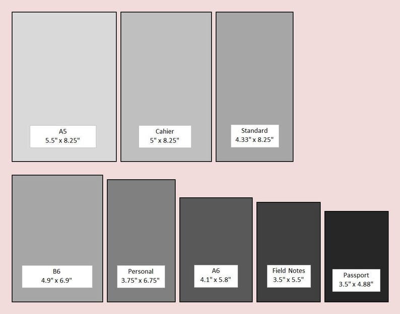 May include: A diagram showing the sizes of various notebooks and journals. The image includes labels for A5 (5.5" x 8.25"), Cahier (5" x 8.25"), Standard (4.33" x 8.25"), B6 (4.9" x 6.9"), Personal (3.75" x 6.75"), A6 (4.1" x 5.8"), Field Notes (3.5" x 5.5"), and Passport (3.5" x 4.88").