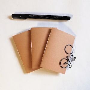 May include: Three small, brown notebooks with stitched spines are arranged with a black pen and a black bicycle-shaped paper clip. The pen is labeled "01 Fine Line Marker" and "Prismacolor Premier".