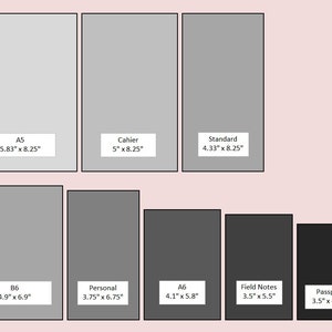 May include: A chart displaying eight rectangular notebook sizes in varying shades of gray. Each rectangle includes a label and dimensions in inches: A5 5.83" x 8.25", Cahier 5" x 8.25", Standard 4.33" x 8.25", B6 4.9" x 6.9", Personal 3.75" x 6.75", A6 4.1" x 5.8", Field Notes 3.5" x 5.5", and Passport 3.5" x 4.88".