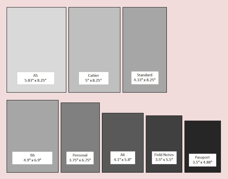 May include: A chart displaying eight rectangular notebook sizes in varying shades of gray. Each rectangle includes a label and dimensions in inches: A5 5.83" x 8.25", Cahier 5" x 8.25", Standard 4.33" x 8.25", B6 4.9" x 6.9", Personal 3.75" x 6.75", A6 4.1" x 5.8", Field Notes 3.5" x 5.5", and Passport 3.5" x 4.88".