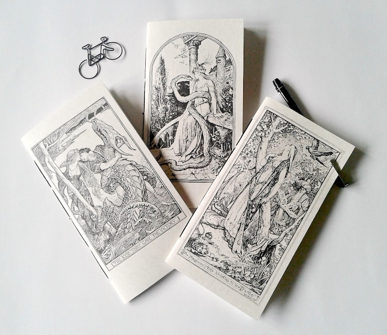 May include: Three rectangular paper booklets featuring black and white line art illustrations on their covers. One cover shows a figure with a serpent, another depicts a couple with a dragon, and the third shows a figure in a forest setting.