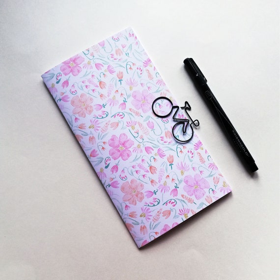 Travelers Notebook Insert, Pink Flowers, Hand-Stitched in various sizes Cahier Standard A5 Wide B6 Slim Field Notes and more - N715