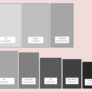 K&ouml;nnte beinhalten: Ein visueller Leitfaden f&uuml;r verschiedene Notizbuchgr&ouml;&szlig;en, darunter A5, Cahier, Standard, B6, Personal, A6, Field Notes und Passport. Die Gr&ouml;&szlig;en sind in Zoll angegeben.