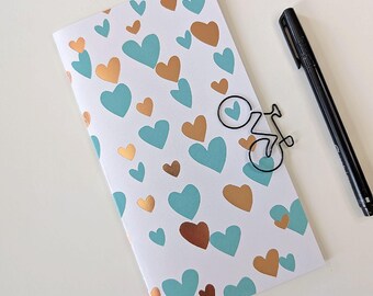 Travelers Notebook Insert, Blue and Gold Hearts, Hand-Stitched in various sizes including A5, B6 slim, Passport, Standard and more - N753