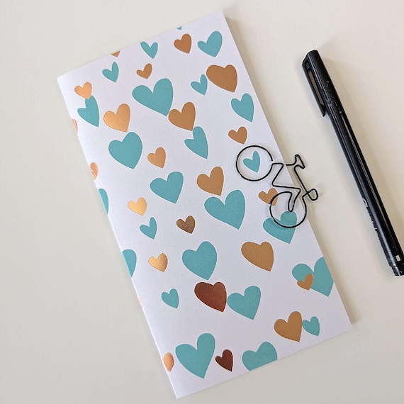 Travelers Notebook Insert, Blue and Gold Hearts, Hand-Stitched in various sizes including A5, B6 slim, Passport, Standard and more - N753