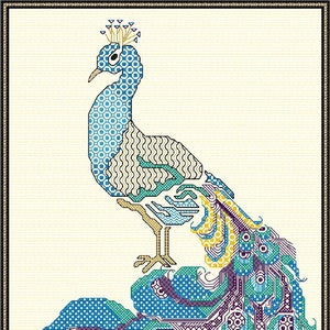 Peacock in Blue (Blackwork Embroidery)