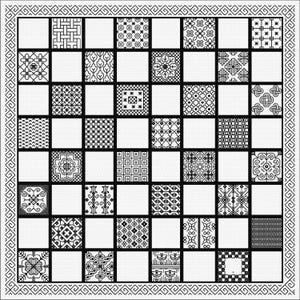 May include: A square grid pattern featuring alternating solid white squares and black and white squares with various intricate geometric and floral designs. The entire grid is enclosed by a continuous black and white Greek key border.